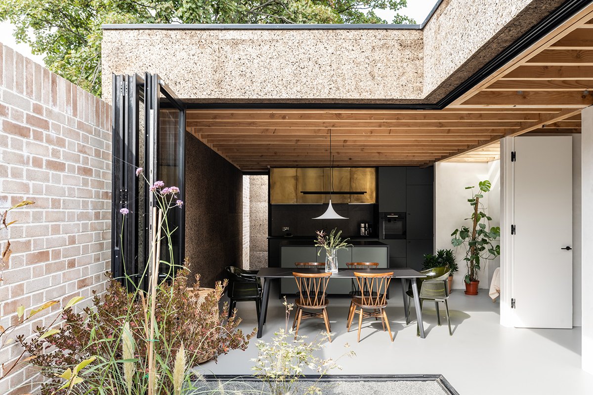 Cork House London, award-winning carbon-negative architecture using sustainable cork material by Polysmiths, RIBA-shortlisted