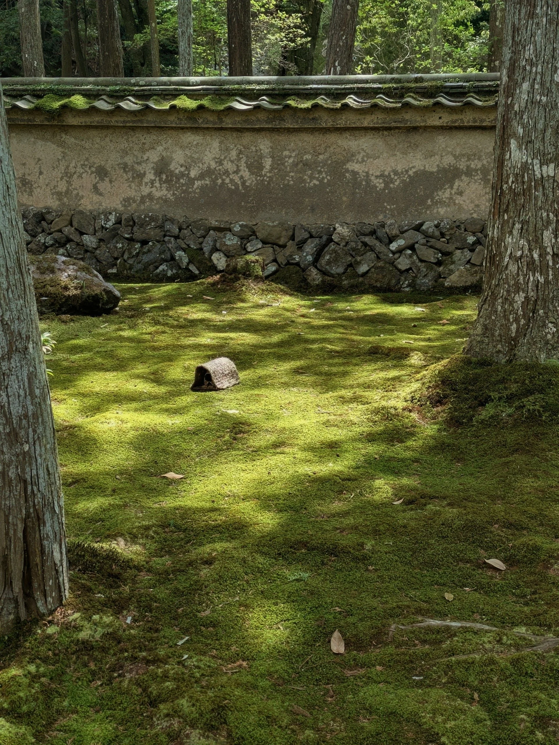 Hand-carved stone lantern detail Close-up of a hand-carved stone temple lantern, worn smooth by centuries of rain and moss — Polysmiths' documentation of Japanese craft and material honesty