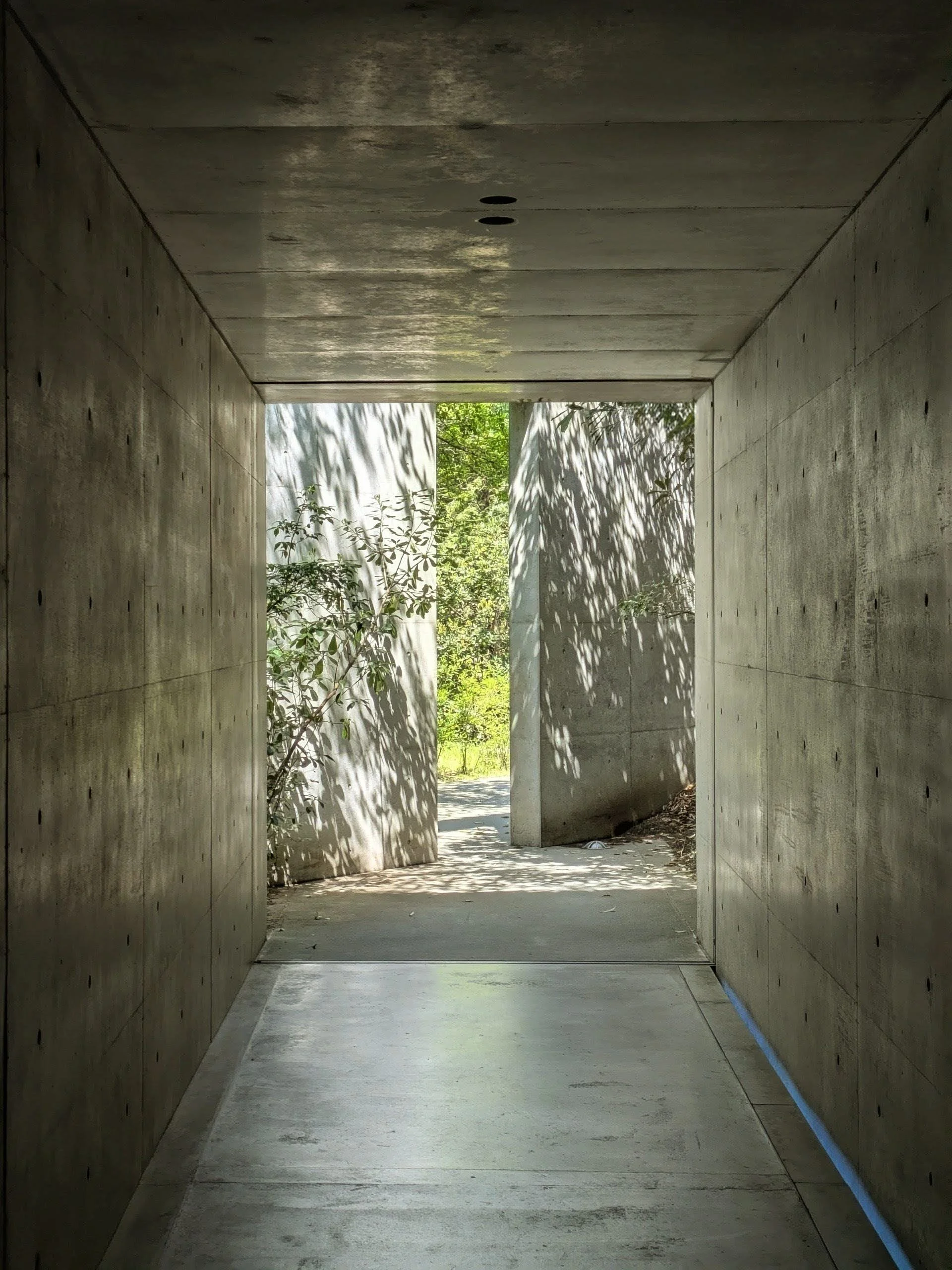 Chichu Art Museum entrance, Tadao Ando The entrance approach to Tadao Ando's chichu Art Museum on Naoshima Island board formed concrete walls,geometric sunken counrtyard open to the sky, studied by Polysmiths as a masterclass in using raw concrete