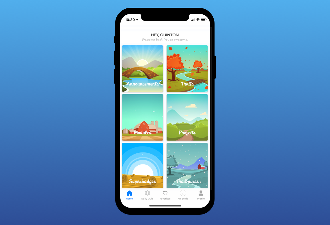 The home screen provides quick access to everything a learner may need