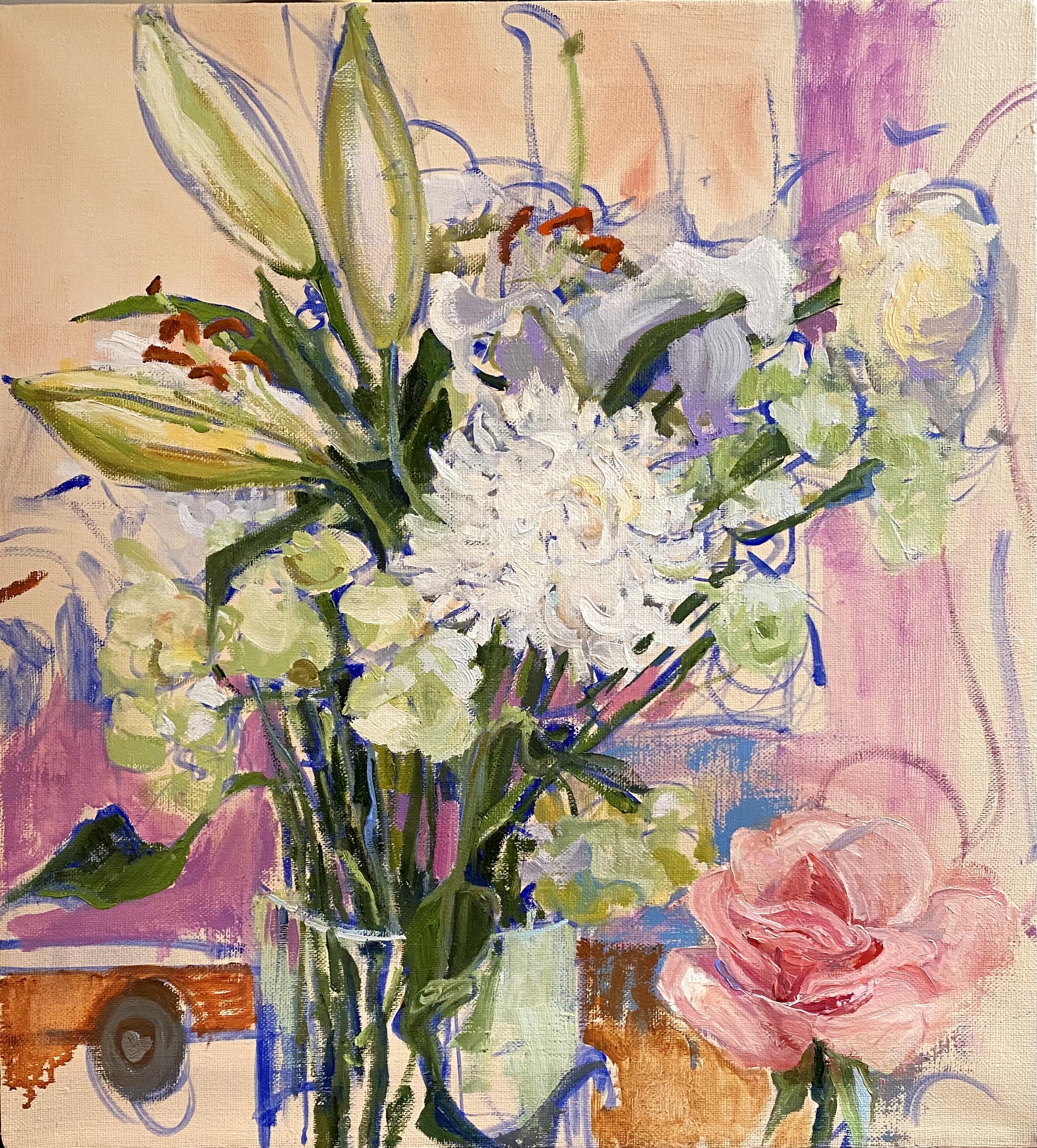 Lilies and Rose, 2023. Oil on linen, 22x20"/56x51 cm