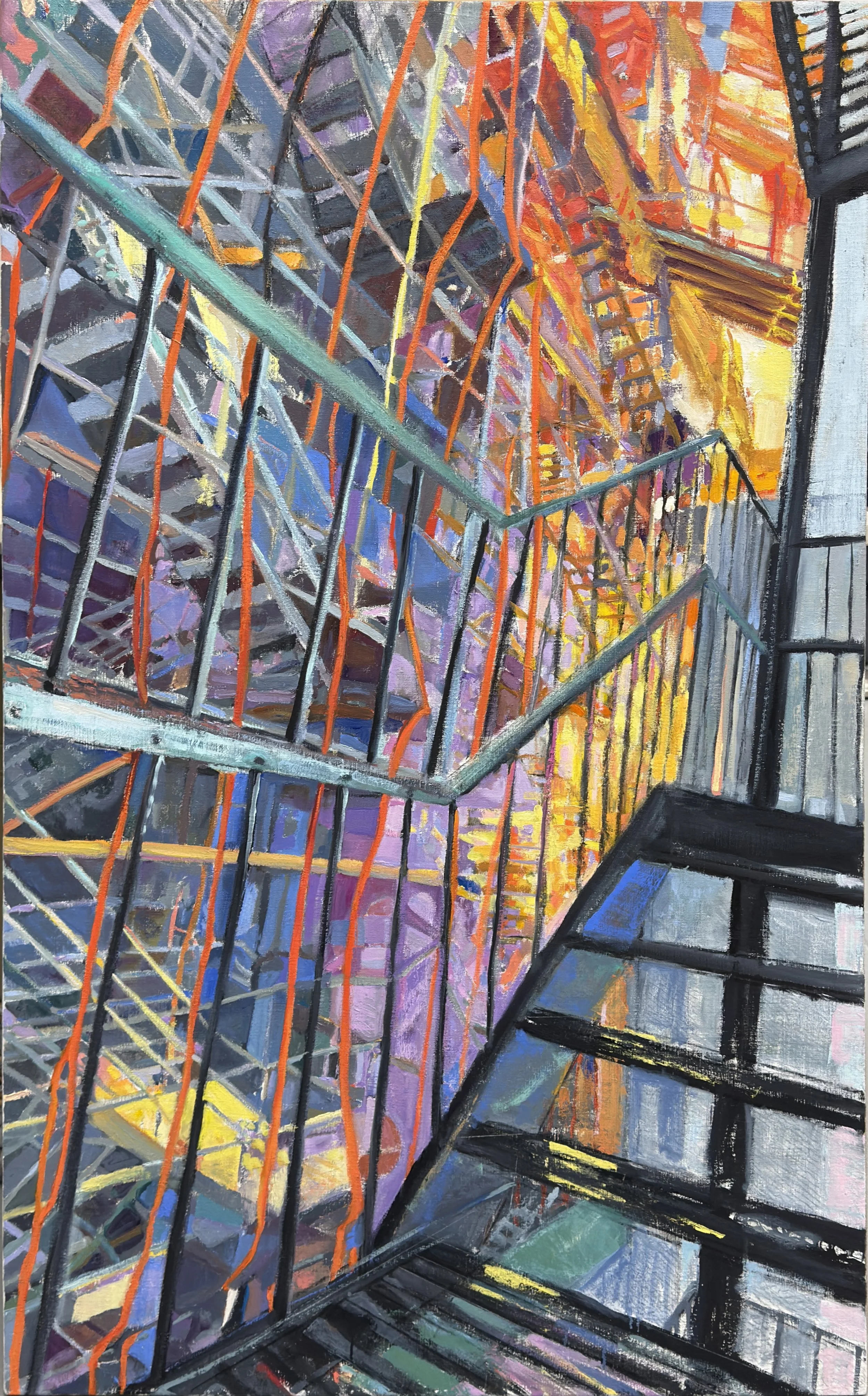 building structure with sunset shining through