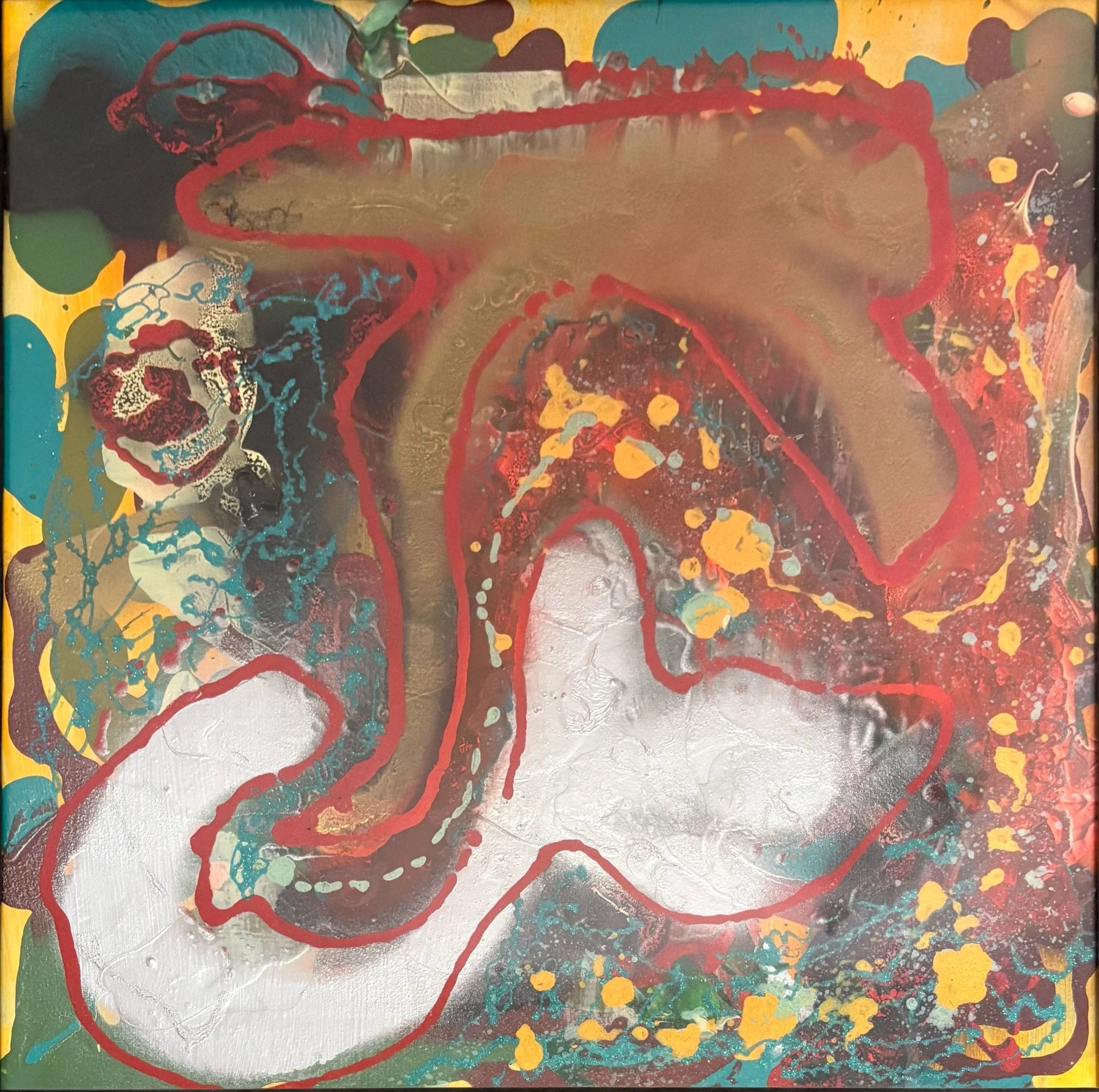 "Jonah", 36x36, Acrylic, Spray Paint and Glitter Glue on Styrofoam Board