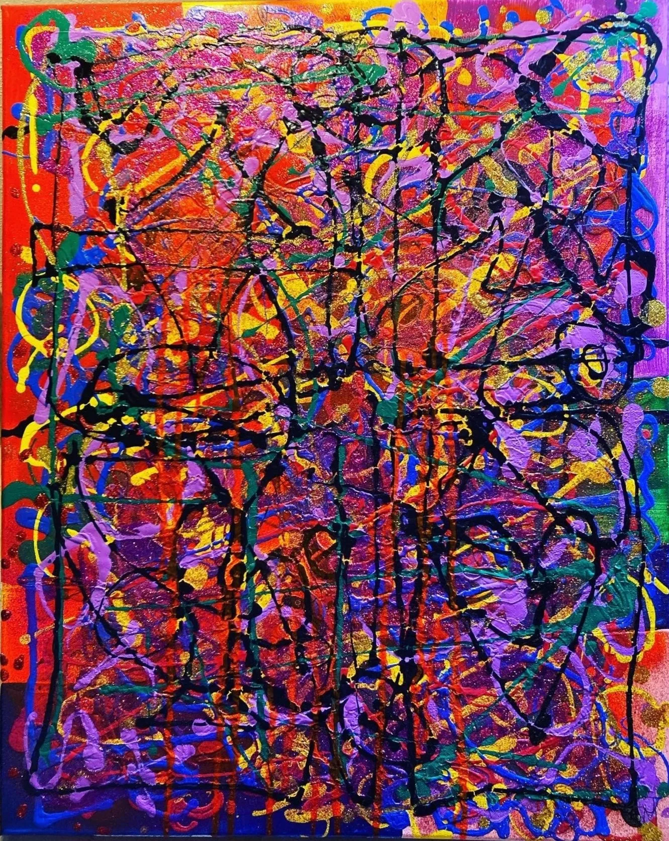 "Carmen", 24x36, Acrylic, Spray Paint, and Glitter Glue on Canvas