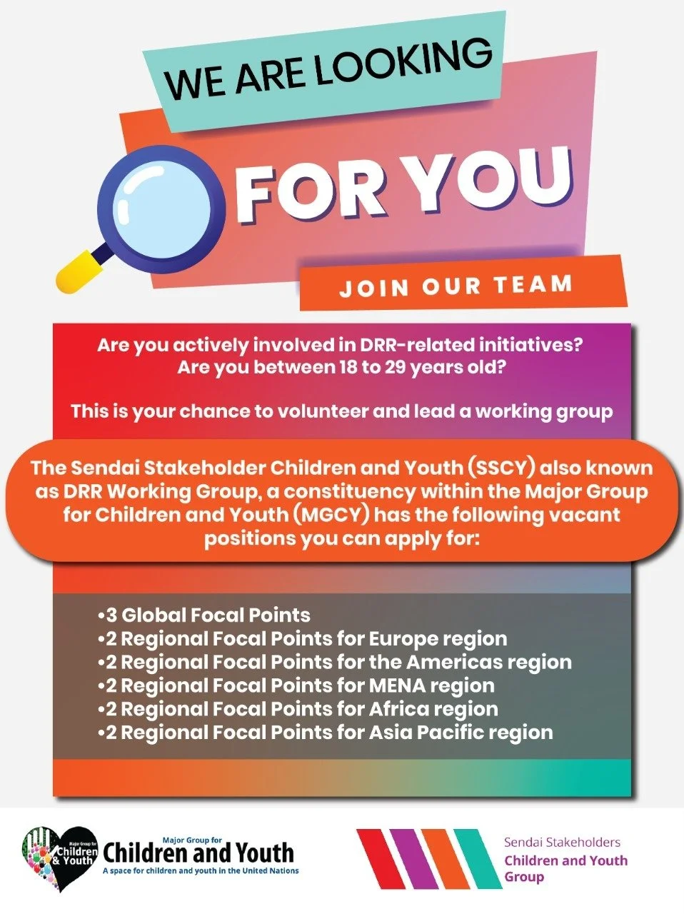 Open Call for Global &amp; Regional Focal Point Positions for the Sendai Children and Youth Constituency (DRR Working Group)