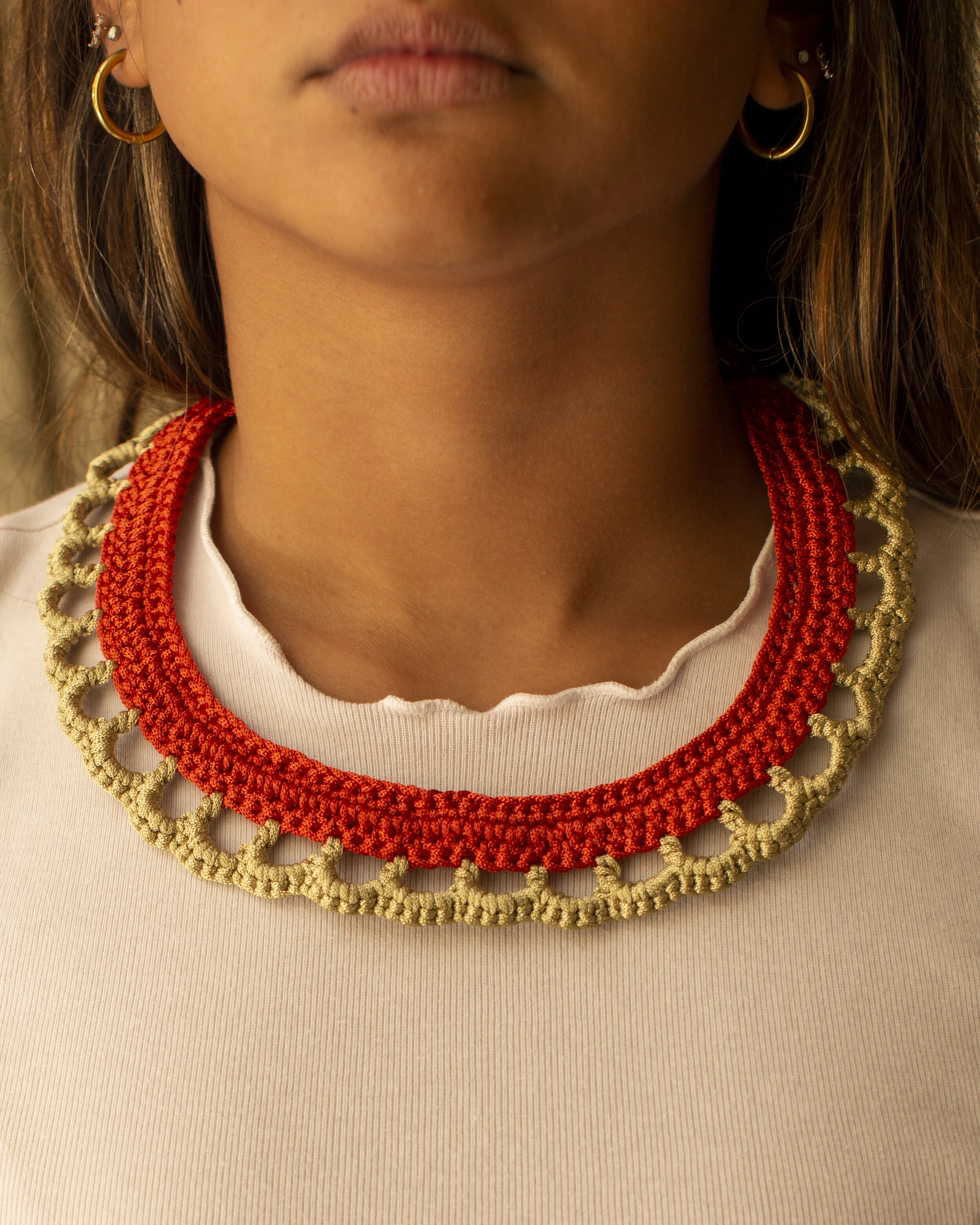 Red and Gold Crochet Collar Necklace 