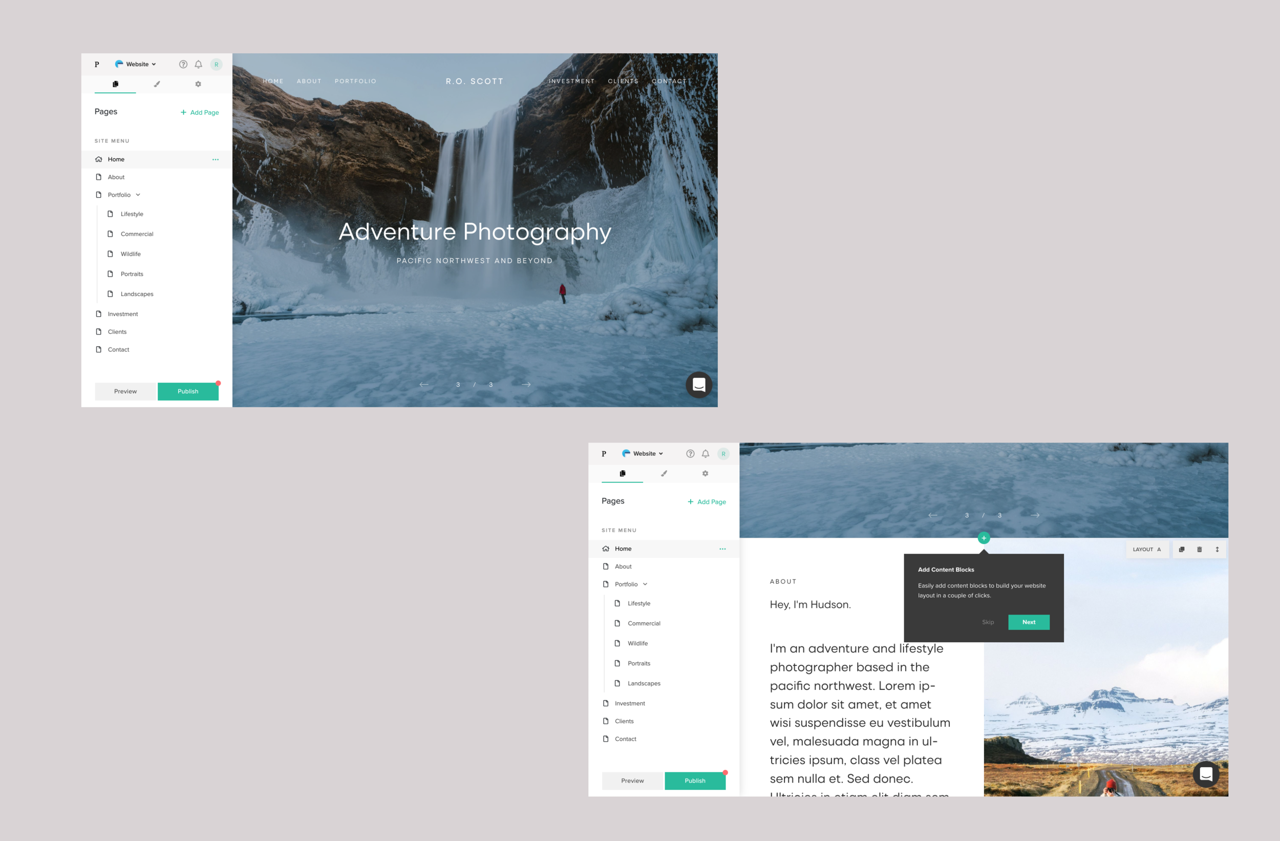   About the project   Pixieset Portfolios is a website builder catered specifically to photographers, designed to take all the hassle and effort out of building a beautiful online presence.   We understood early that many photographers are frustrated
