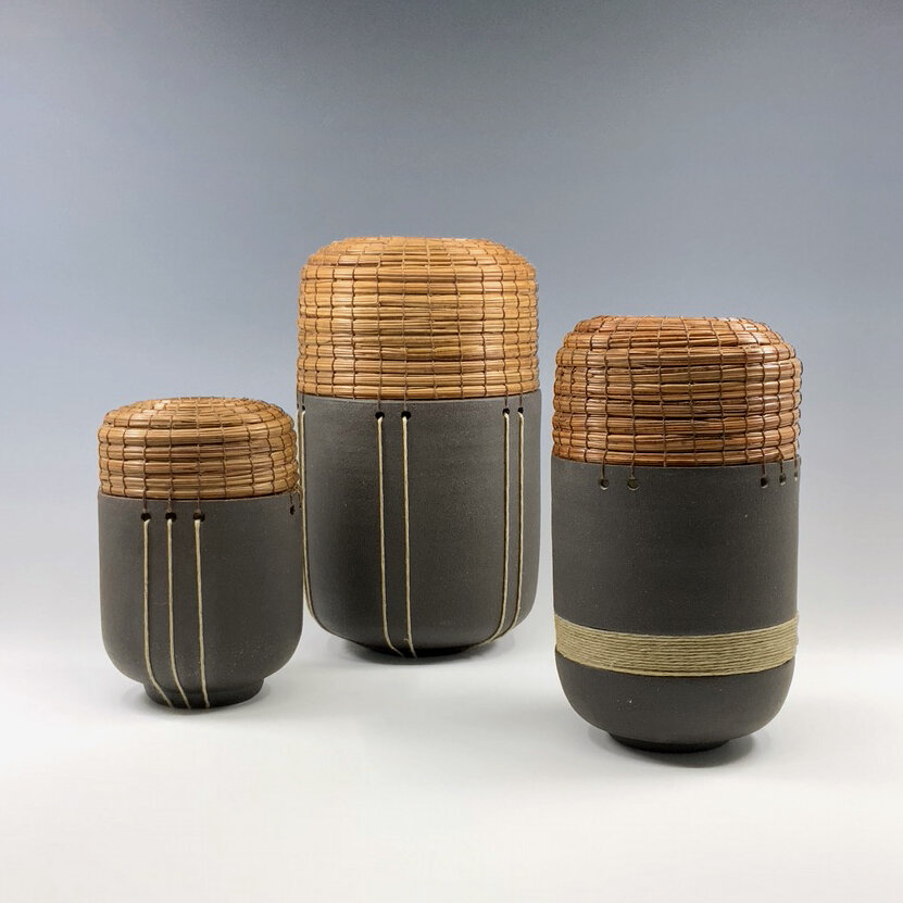 3 Brown twine-inlay pots