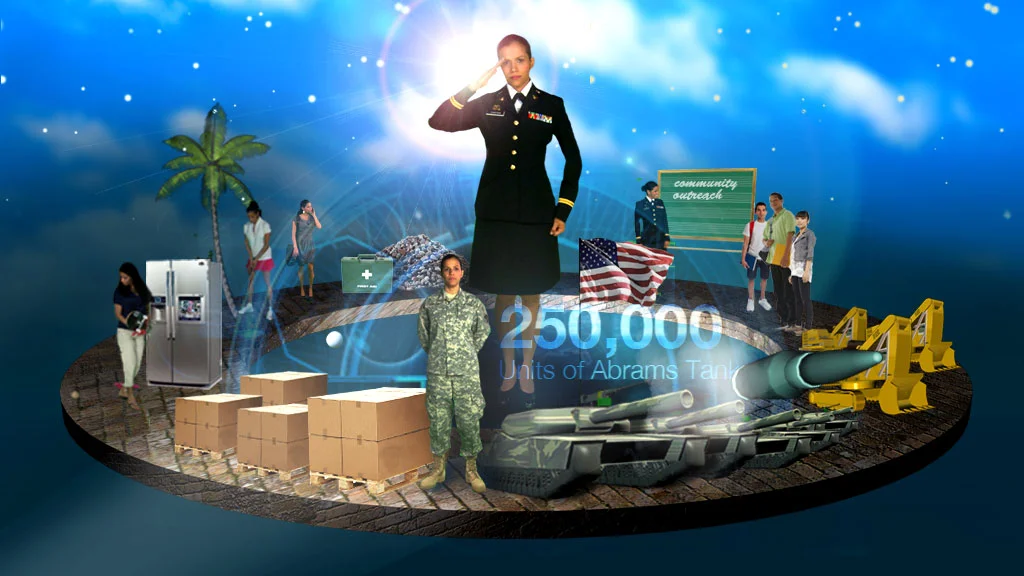 This is one of the screens from the A/R, featuring the story of 1st Lt. Tania Sang. Viewers could navigate all the way around the page, highlighting different features and driving the story, while Tania explained all the different things she does and benefits she gets out of being in the Guard.