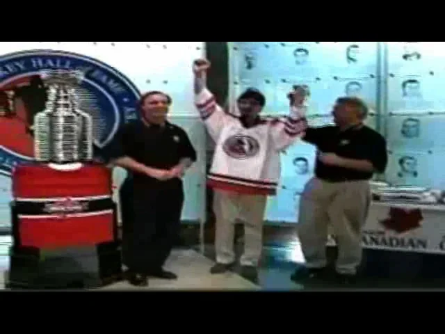Stanley Cup, HHOF Member Guy Lafleur, Happy Hall of Fans Inductee, and HHOF Member Bobby Hull.