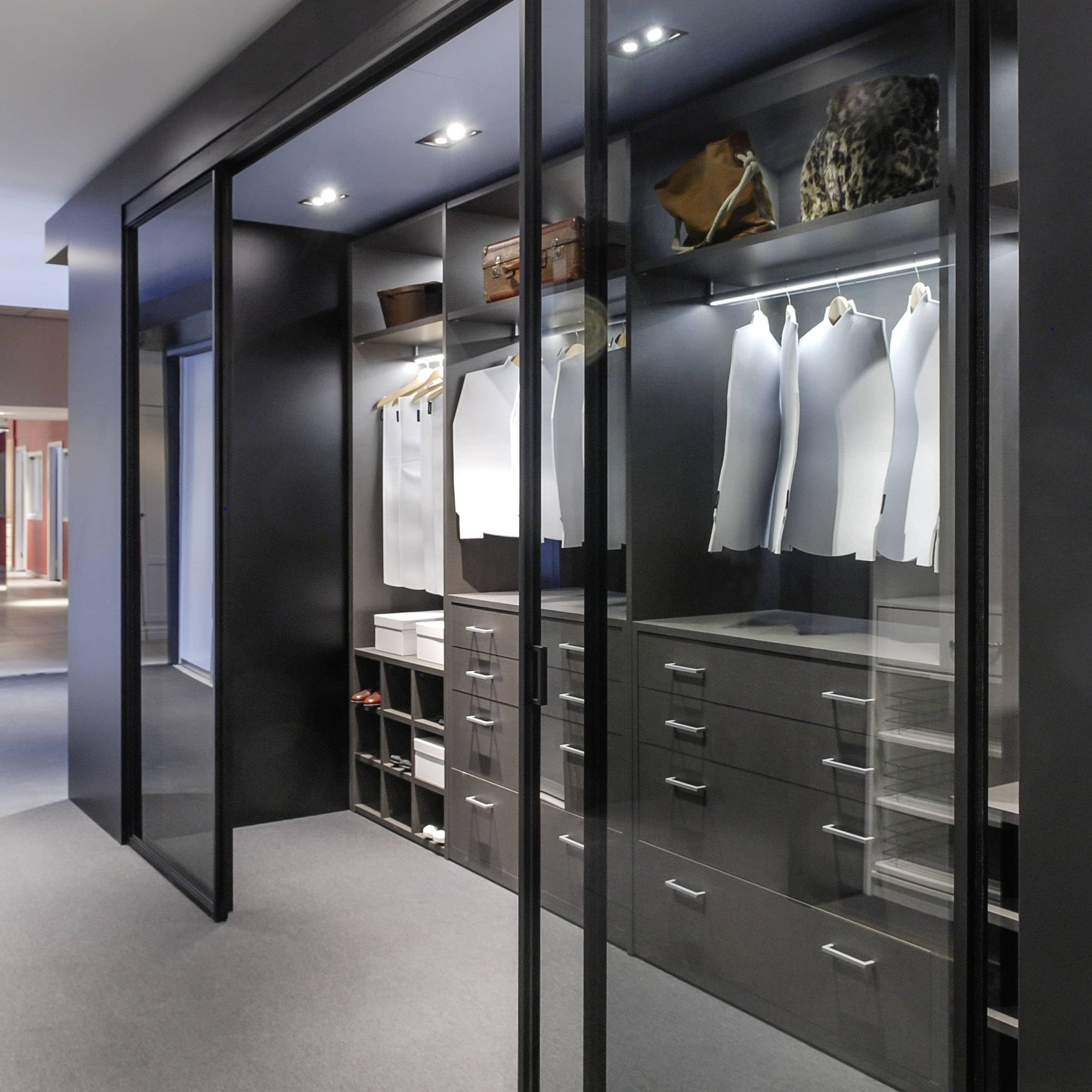 Amazing walk-in closet built-in cabinets with custom lighting showcasing  designer bags finished with glass-f…