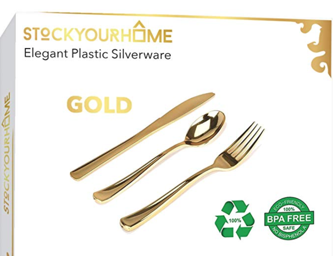 Set of 300 Gold Plastic Fork, Knife, and Spoon Cutlery Set on Amazon.com