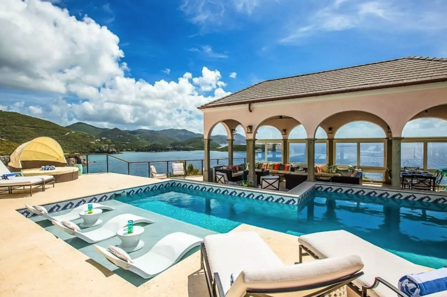 Pool deck of "Finisterre" - a two-acre, three-building complex on St. John