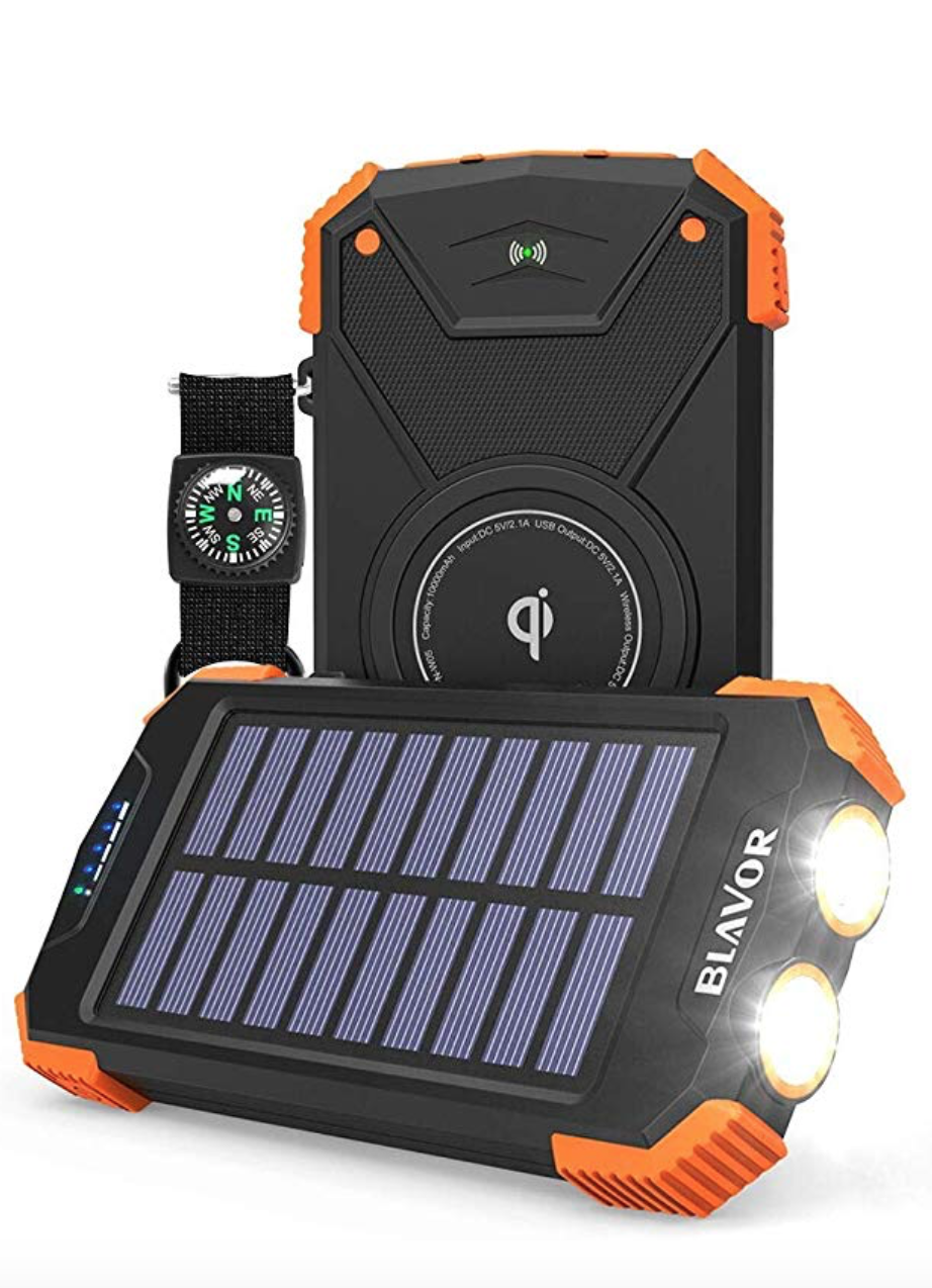 Solar Power Bank, Qi Portable Charger 10,000mAh External Battery Pack Type C Input Port Dual Flashlight, Compass (IPX4 Splashproof, Dustproof, Shockproof, Solar Panel Charging, DC5V/2.1A Input)