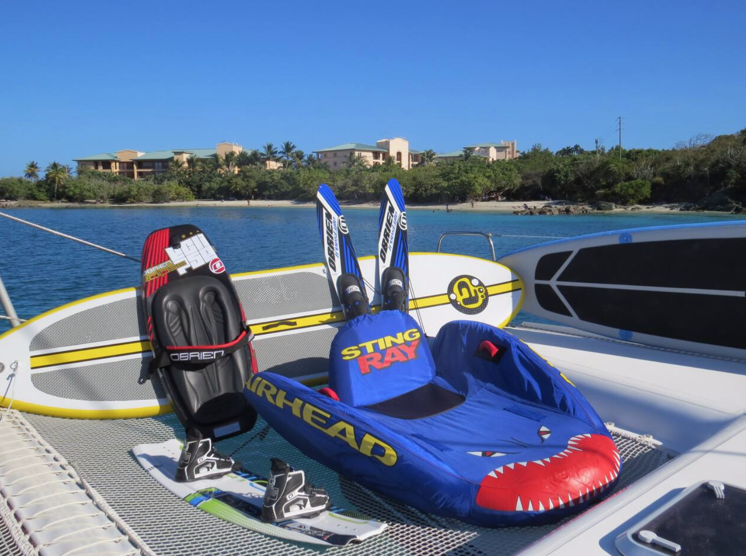 Water sport equipment comes with your Airbnb rental of a 4-Cabin Catamaran in USVI and BVI