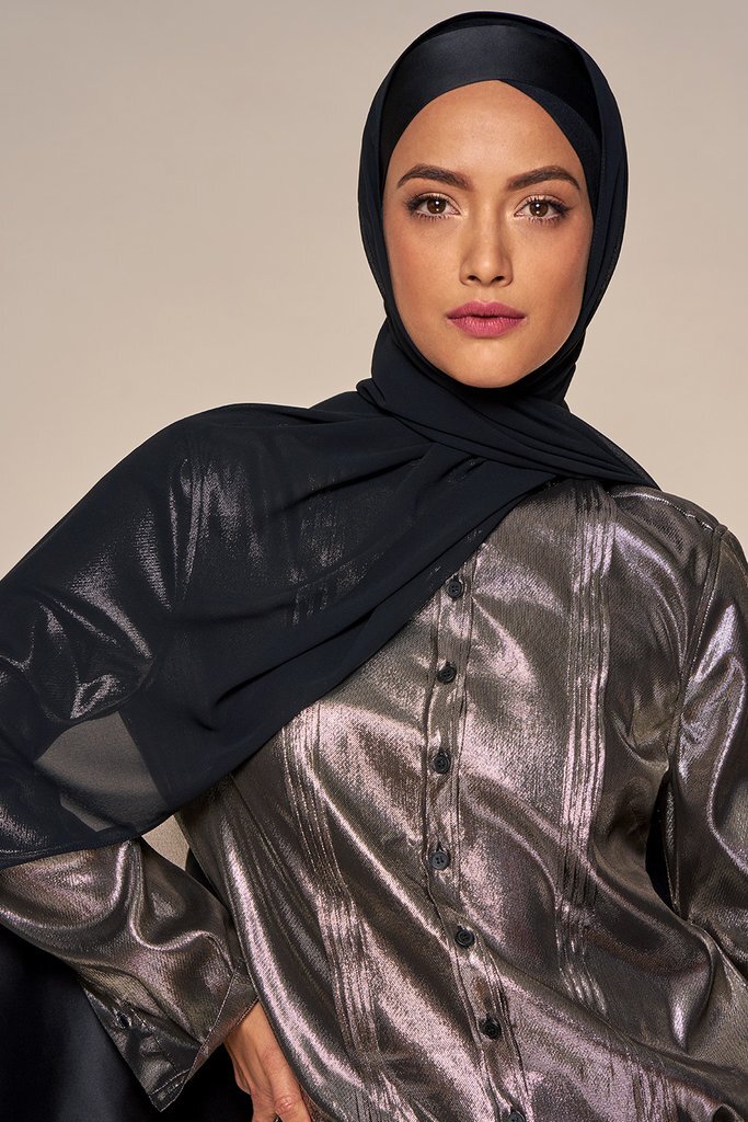 Satin Edge Chiffon Hijab set in Black - HauteHijab.com- HauteHijab.com
