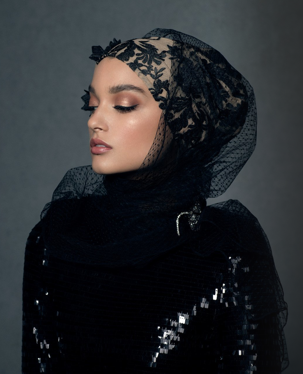 The Black Tie Lace Embroidered Tulle Hijab - HauteHijab.com