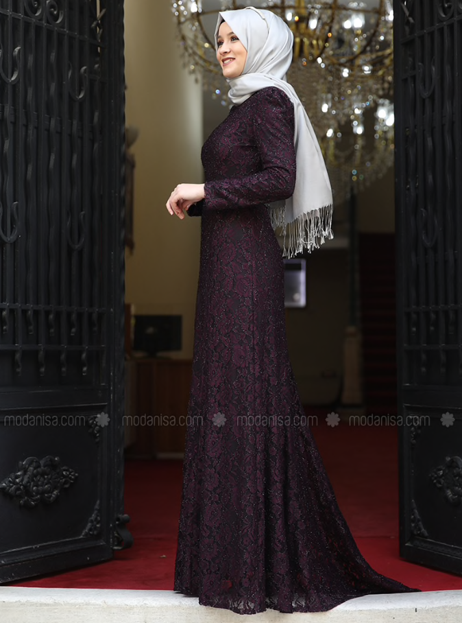 Amine Hüma Purple Muslim Evening Dress on Modanisa.com
