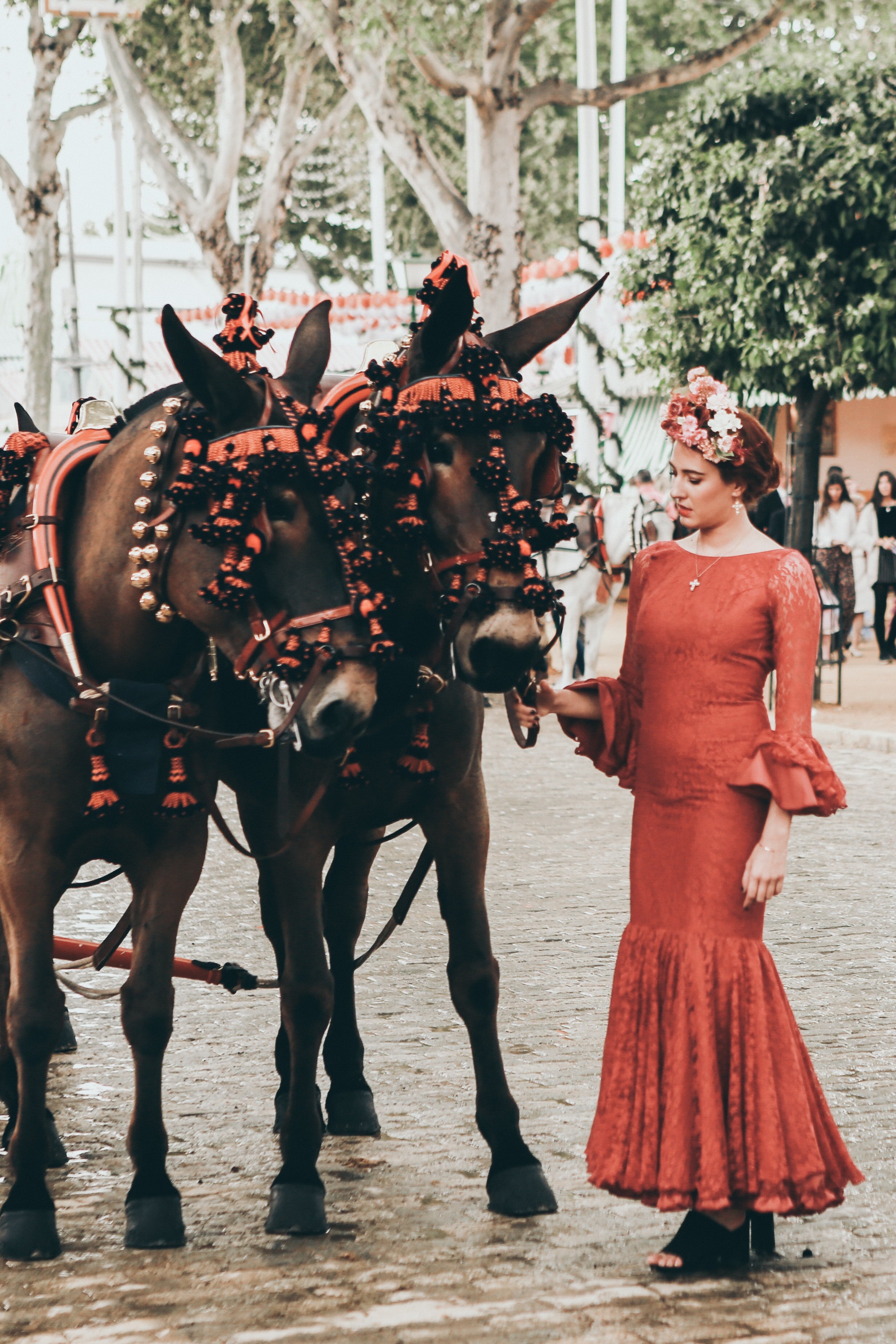 Flamenco and Andalusian horses in the streets of Málaga Feria in Málaga, Spain