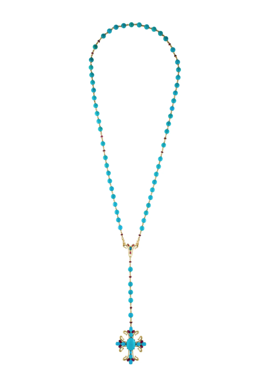 Paul Morelli 18K turquoise and ruby rosary cross necklace from TheRealReal.com
