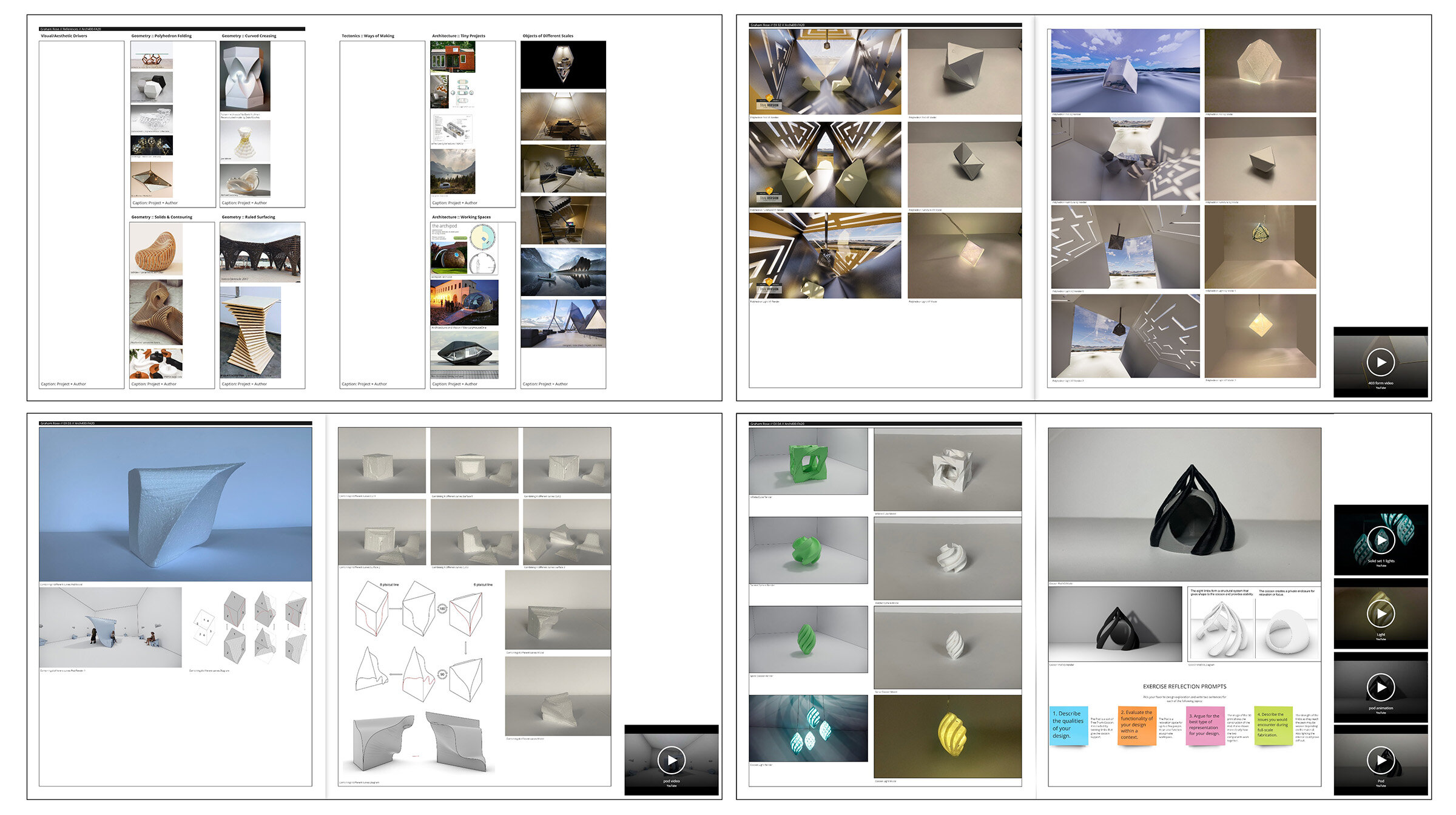 Methods of Making Exercises - Research (Top Left), Cutting and Folding (Top Right), Ruled Surfaces (Bottom Left), Adding and Subtracting Solids (Bottom Right).