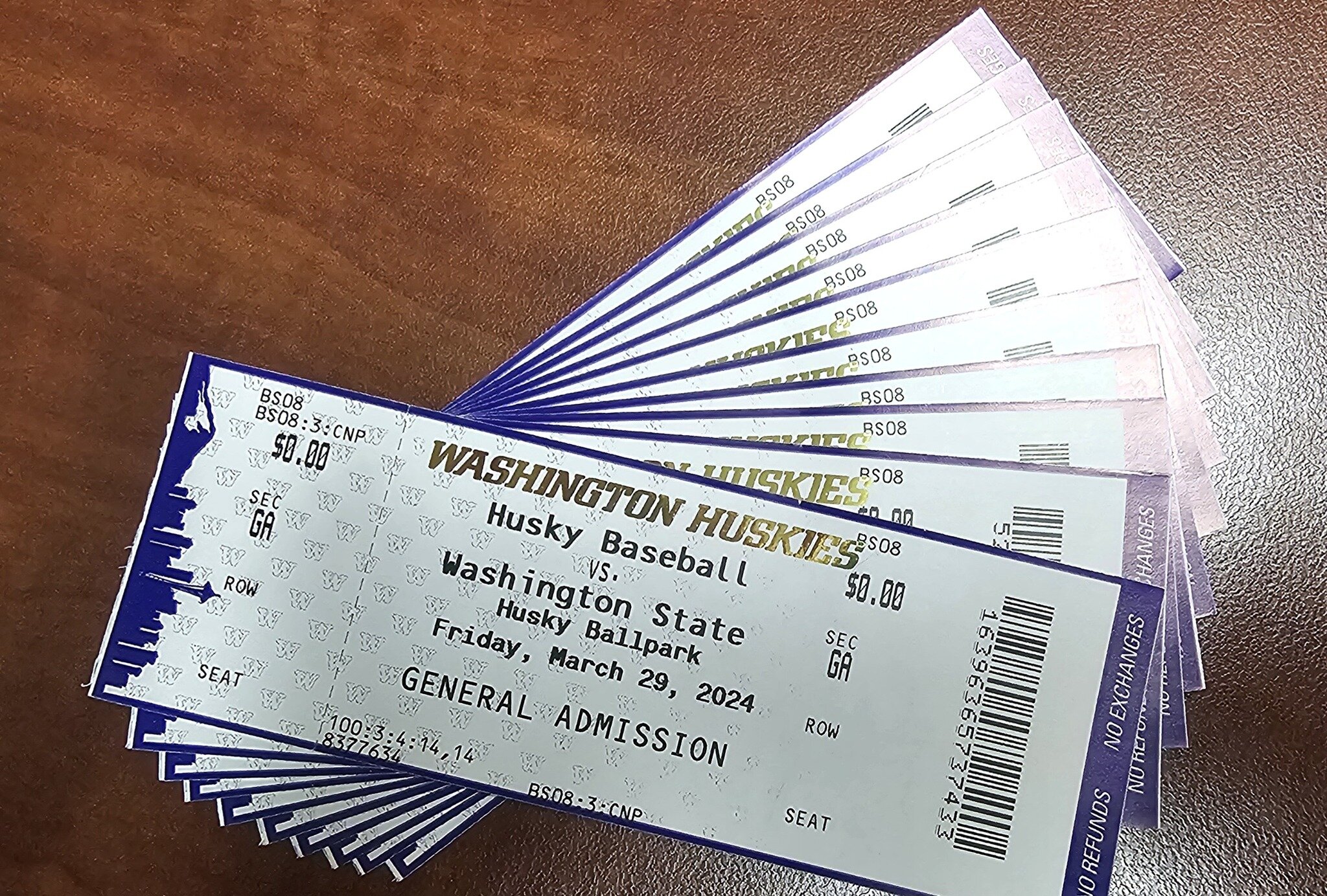 We have 10 General Admission Husky Baseball Tickets available first come at the hall.