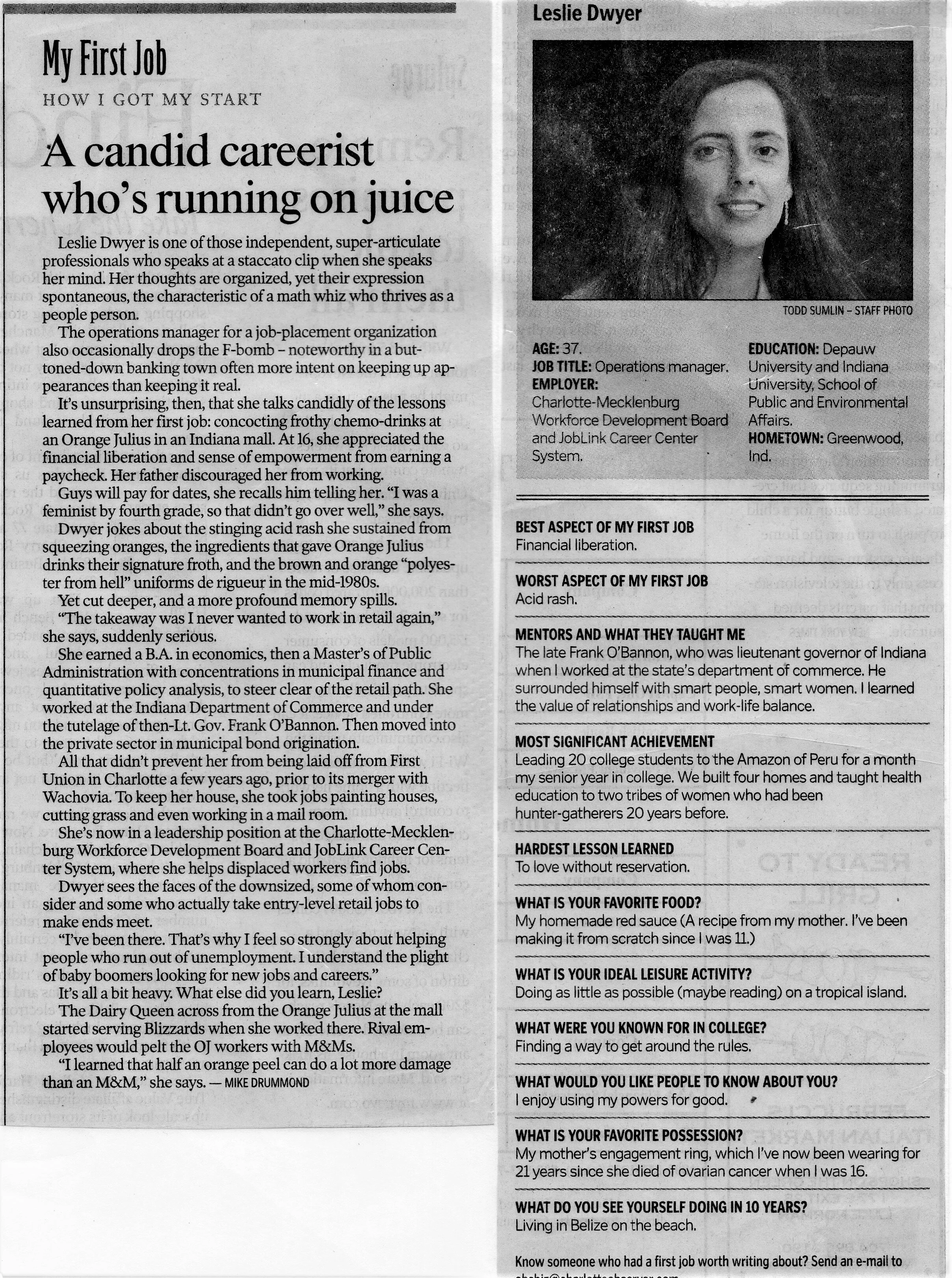This Charlotte Observer profile was written while I served as the Operations Manager for the Charlotte Mecklenburg Workforce Development Board.
