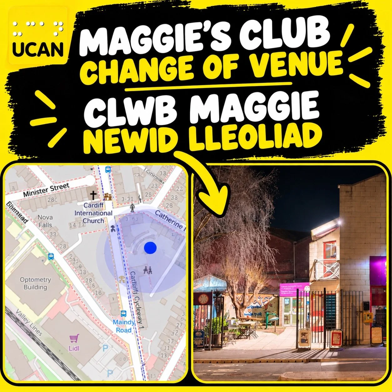 📢 Maggie&rsquo;s Club &ndash; Change of Venue

This Saturday&rsquo;s Maggie&rsquo;s Club will now be held at:

📍 Cathays Community Centre
36&ndash;38 Cathays Terrace, Cardiff, CF24 4HX
🕑 2pm&ndash;3.30pm
📌 Bingo Hall

We&rsquo;ve got a brilliant 