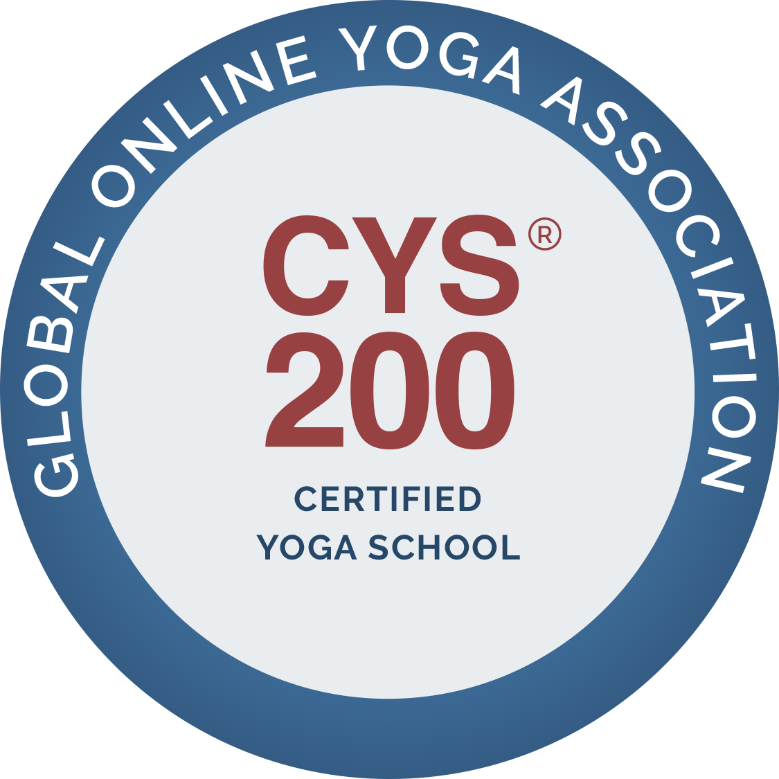A circular badge with a blue outer ring and white center that reads 'Global Online Yoga Association' around the edge, and 'Certified Yoga School' at the bottom. The center features bold red text 'CYS 200'.