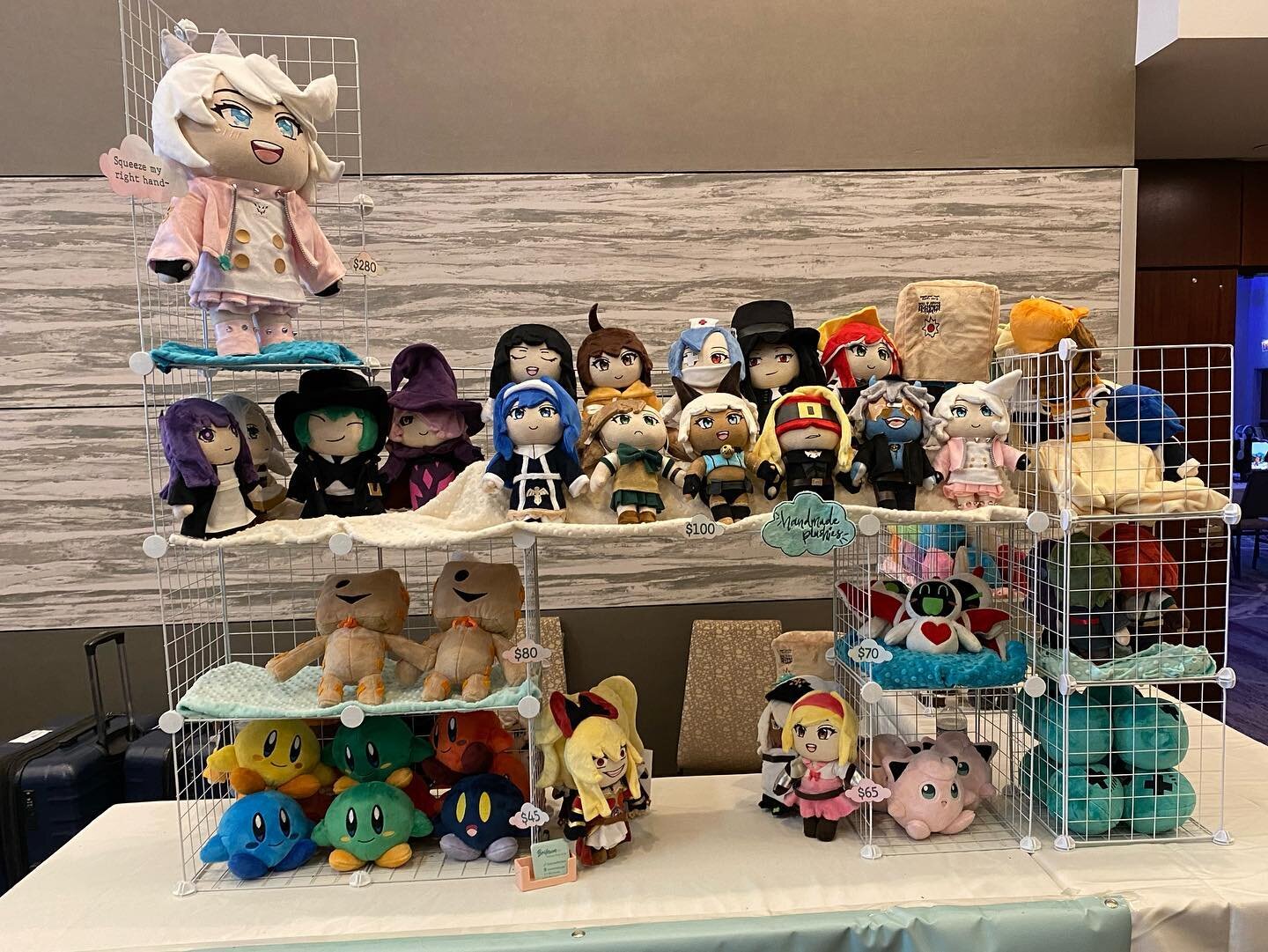 All set up for Frosty Faustings~~

The granblue characters are all reserved as well as ramlethal, asuka and Faust.

I do also have some duplicate chibis in the back and more mini fausts, minions, jigglypuffs and kirbies I&rsquo;ll be hand sewing up ✨