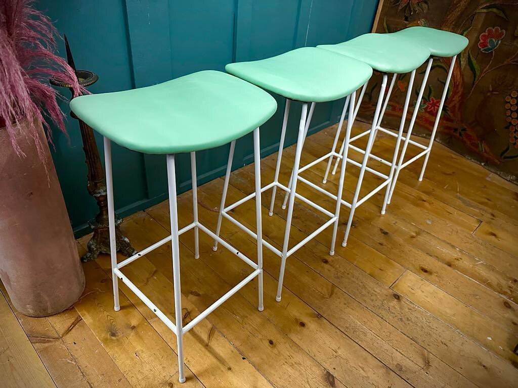 Mintylicious! Vintage mid-century barstools, &lsquo;Program' By Frank Guille. Reupholstered in soft mint green leather - to compliment any contemporary interior! 💚 &bull;
&bull;
&bull; 
#upholstery #reupholstery #upholsterylondon #interiors #interio