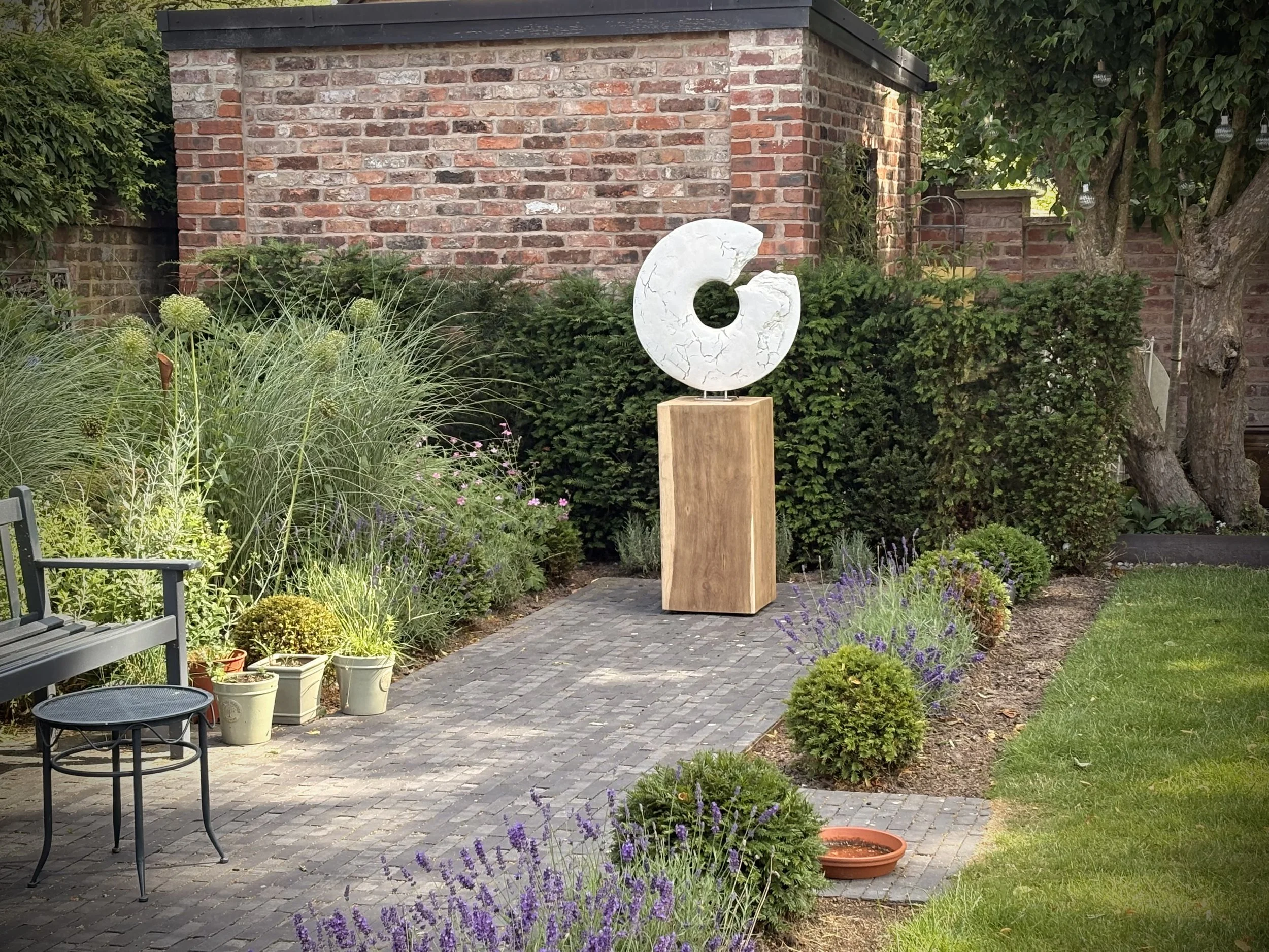 Fractured  Contemporary Abstract Garden Sculpture  Jesmonite, resin and gold leaf on solid oak plinth Private garden commission
