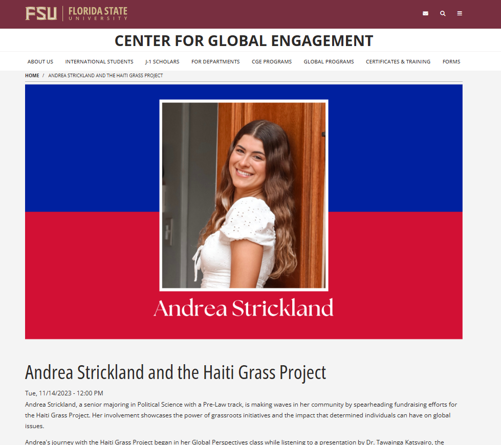 FSU Center for Global Engagement Highlights Our Work with the Haiti Grass Project