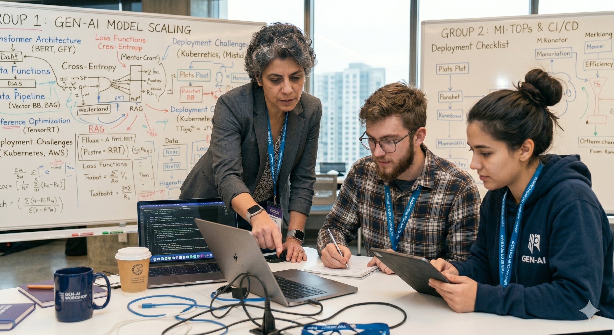 Three people collaborating at a table during a workshop, with whiteboards filled with notes and diagrams behind them.