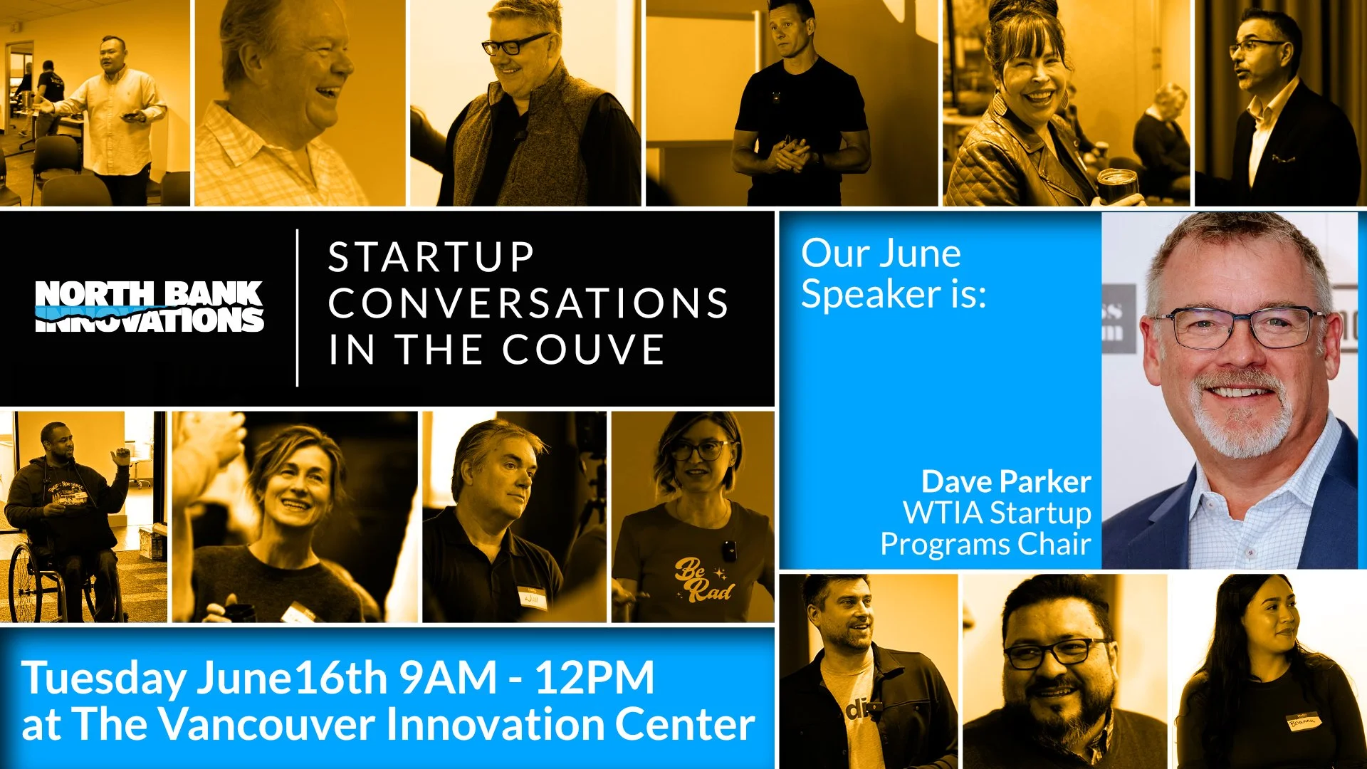 Collage of diverse people at a startup event with a black section displaying event title and speaker details, and a blue section with event date, time, and location.