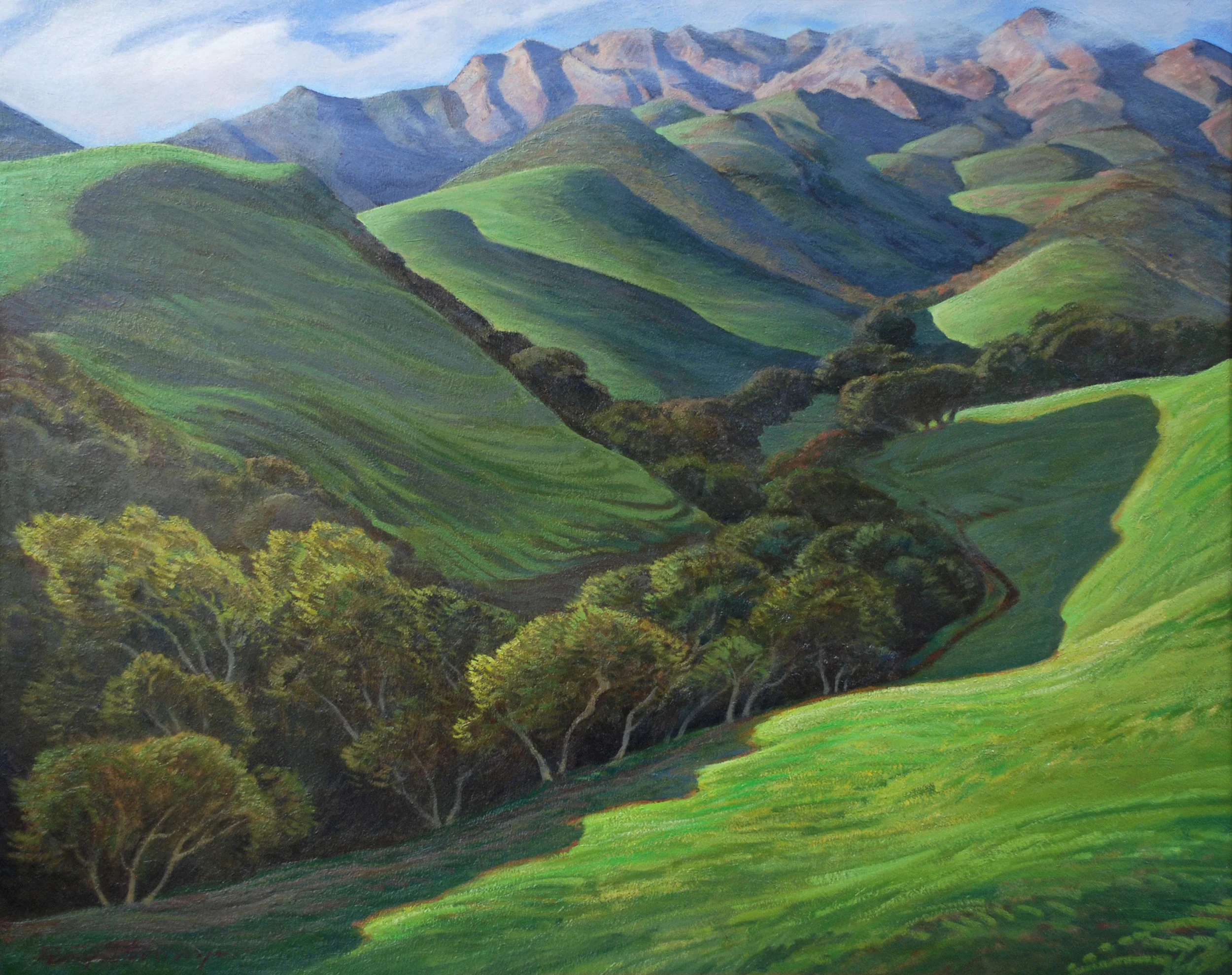 “Green Valley Reaching Towards Purple Peak” | Oil on Masonite, 24x30, Early 1980s | Courtesy of David Parker