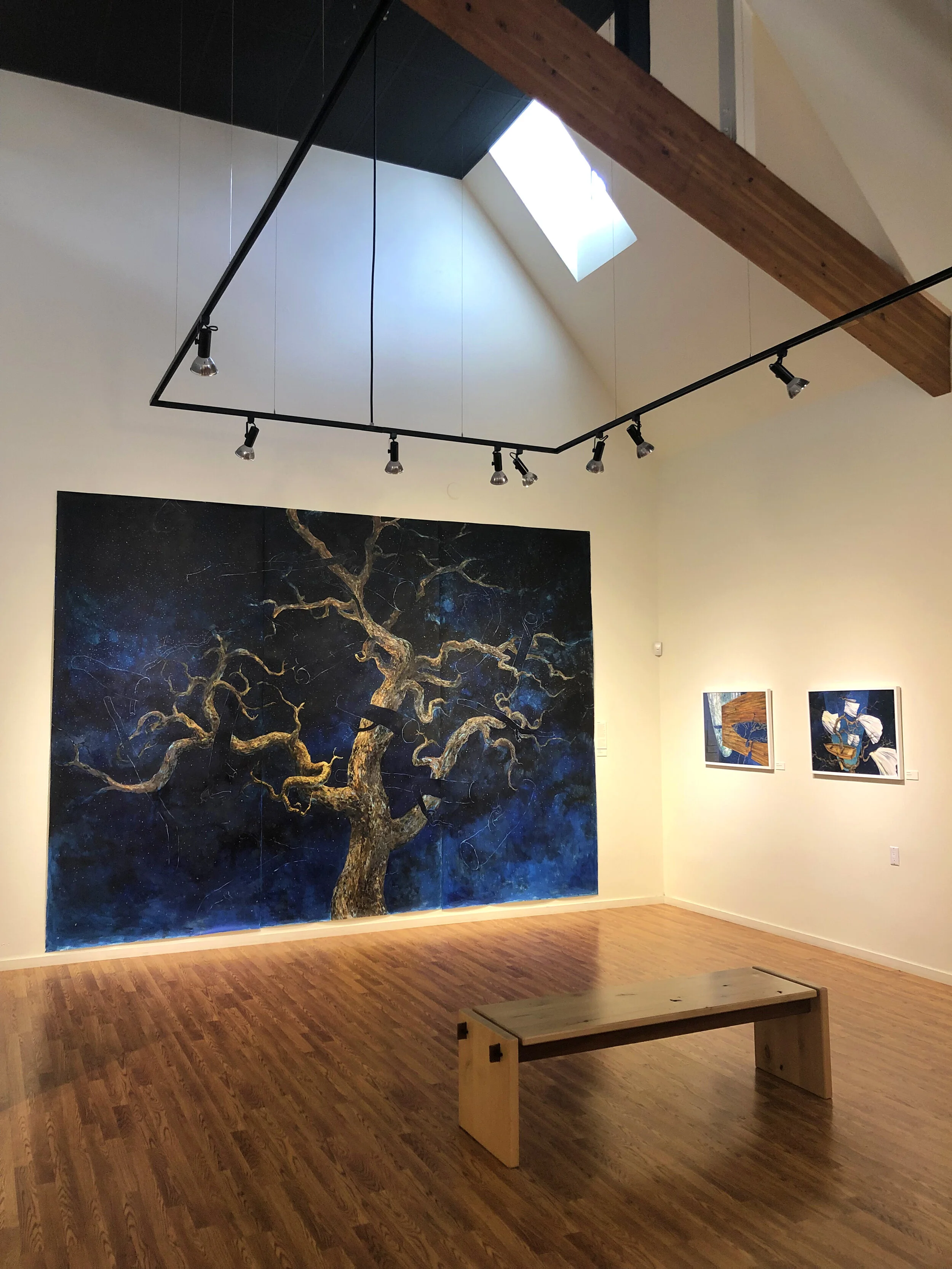 Installation view of works by artist Nathan Huff in Starry Nights: Visions of the Night Sky at the Wildling Museum.