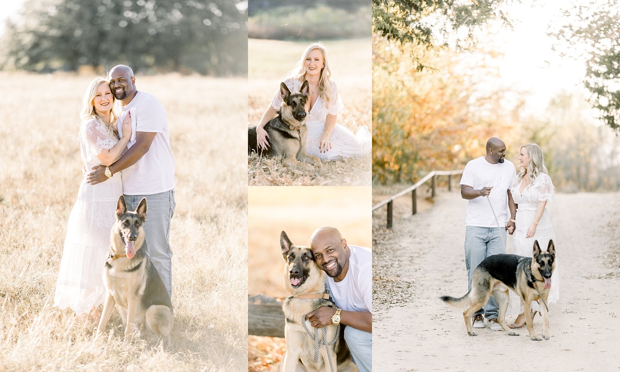 Outdoor engagement photos with family dog in DFW