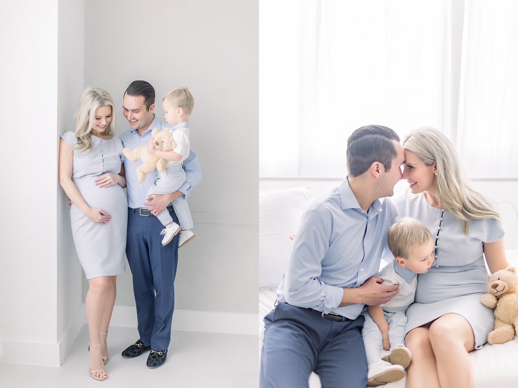 Dallas pregnancy announcement photo shoot in light and airy photography studio