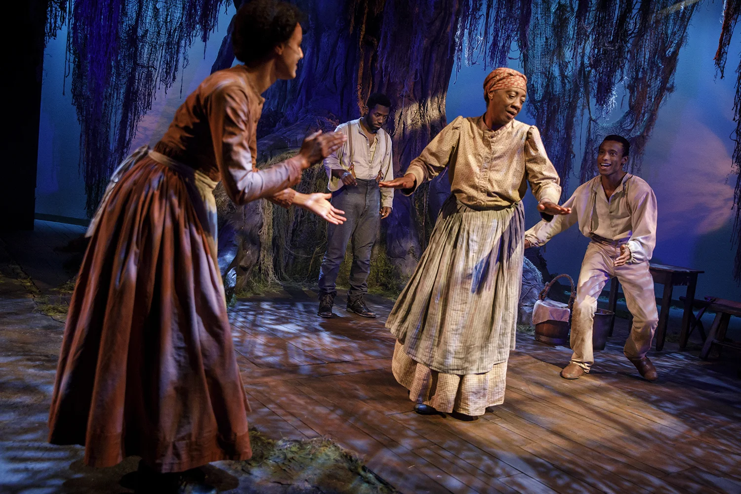 Manhattan Theatre Club production of Sugar in Our Wounds (2018). Tiffany Rachelle Stewart as Mattie, Chinaza Uche as Henry (rear), Stephanie Berry as Aunt Mama, and Sheldon Best as James. Photo © 2018 by Joan Marcus