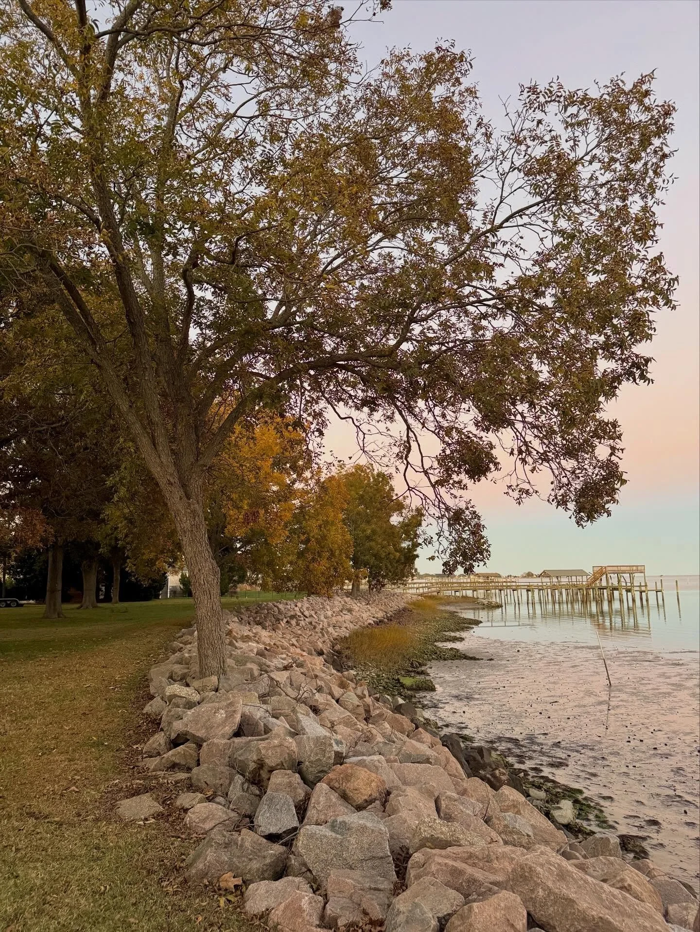 This is the scene outside the cottage that I stay at when I&rsquo;m in Yorktown, Virginia. This view offers me the best of both worlds beautiful fall trees and the setting sun on the river.