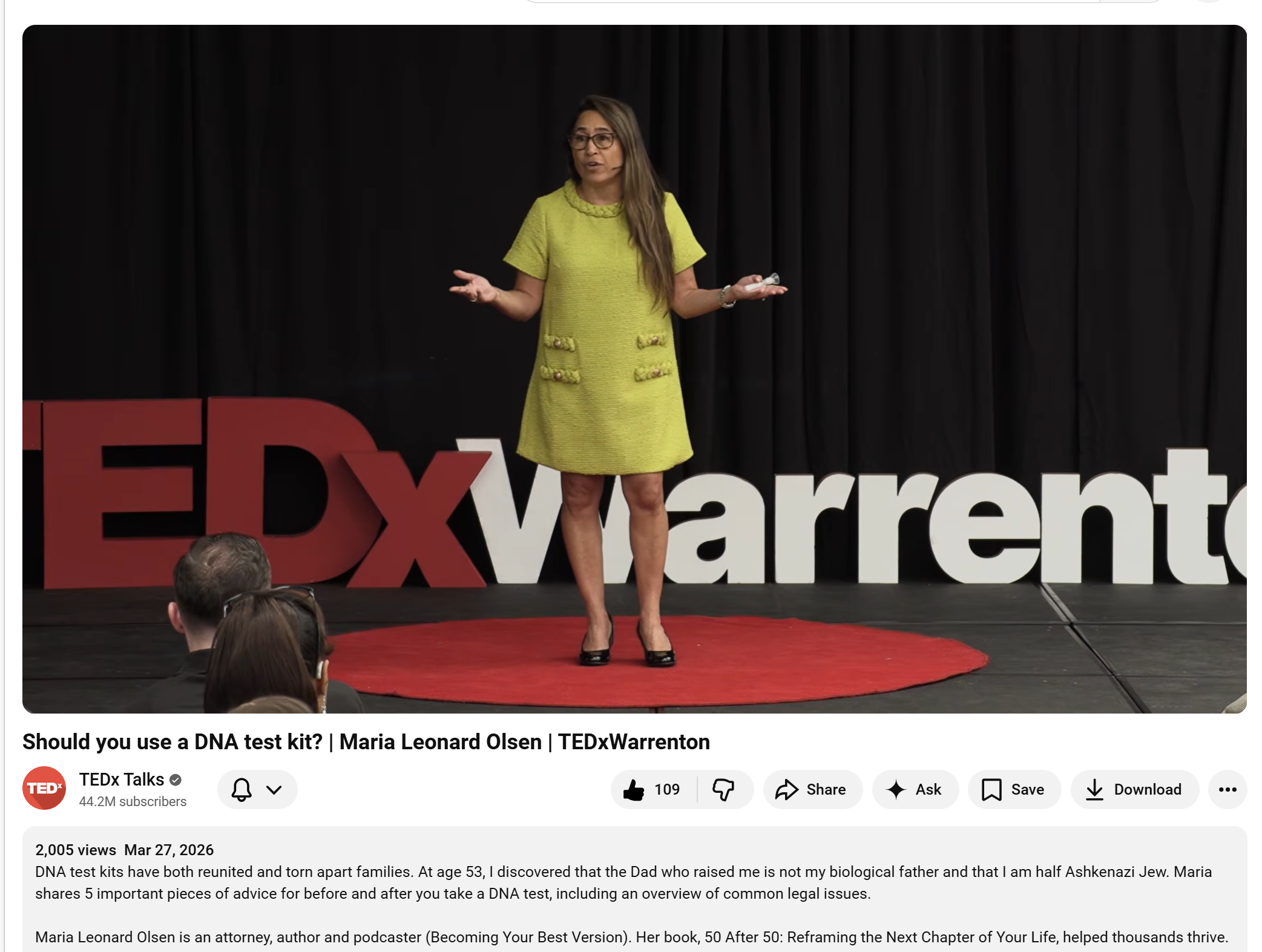 My TEDx Talk on DNA Test Surprises Was Chosen as a TED Organization's Editor's Pick