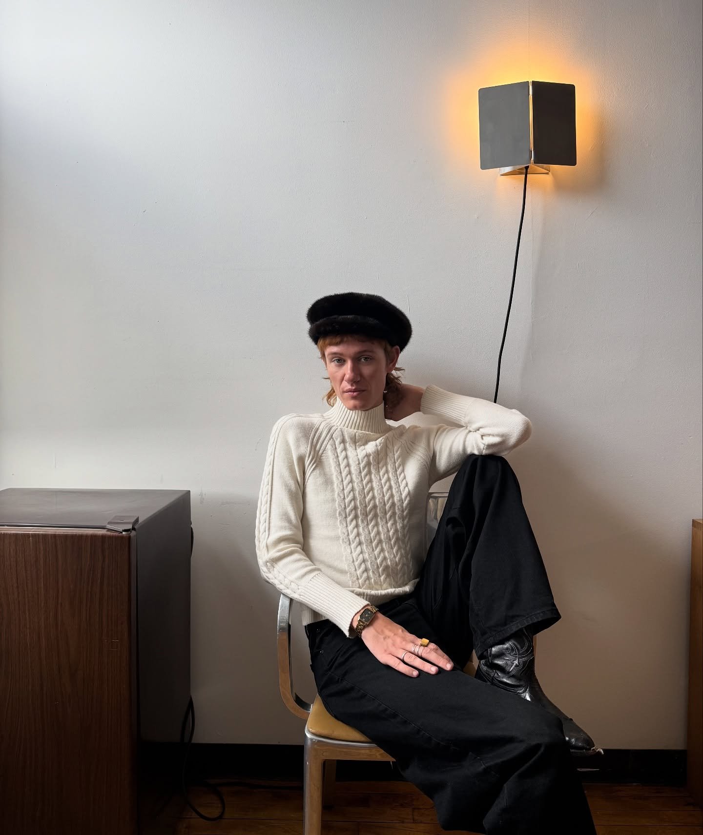 Fur hats and wood grain fridges. That&rsquo;s the whole tweet. 

Austin wears a 1970s vintage fur cap with cute little brim. 

This and more fur hats available on highdivenyc.com