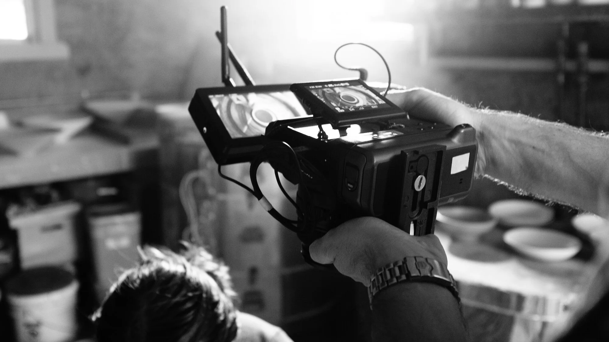 The GFX 100 with the Focus Bolt 5” on top running wirelessly to a director’s monitor.