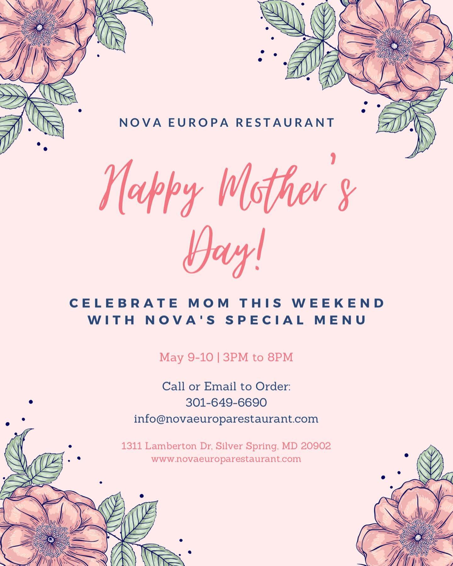 Celebrate Mom this weekend with our special menu! 🌸 💐 Call us at 301-649-6690 or email us to place a carry out order. 
Visit our website (link in bio) for more information!
