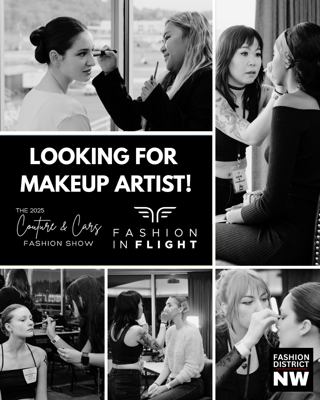 We are looking for makeup artists for both of our shows for this year.

The 2025 Couture &amp; Cars Fashion Show on Sat, July 19th and Fashion in Flight on Sat, Nov. 8th.

Click the link in our bio for details, payment information and to submit a mak