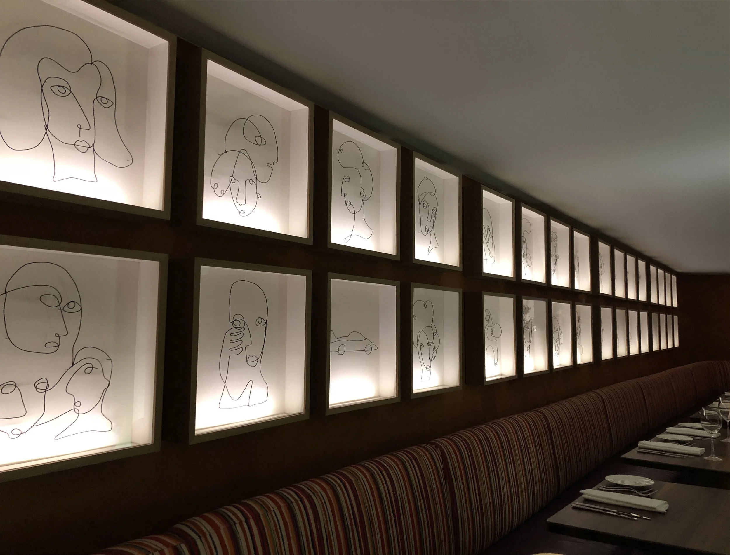Bluebird Restaurant, NYC Wire Art and LED framing in collaboration with Cetra Ruddy