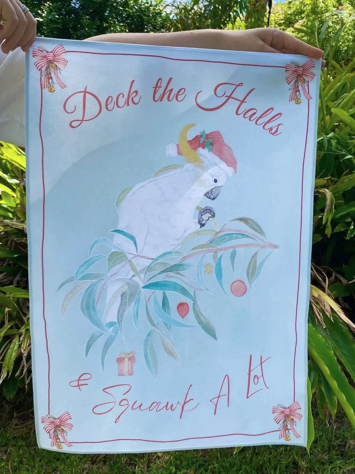 Deck the Halls & Squawk A Lot Tea Towel by Sancha Prowse Designs