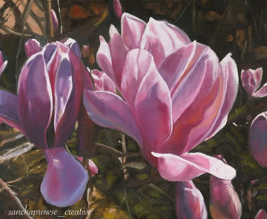 Winter Blooms amidst all this rain bringing the promise of spring 🌸
.
Available as a limited edition print on my website. Professionally printed on Hahnemuhle German Etching Paper.
.
#sanchaprowse_creative 
#winterblooms 
#oilpaintingart #limitededi