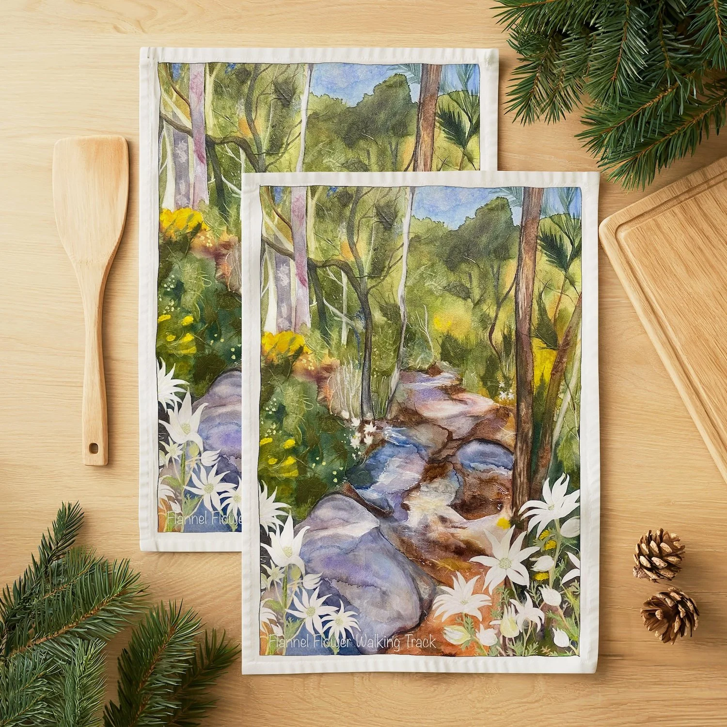 Flannel Flower Walking Track Tea Towel by Sancha Prowse Designs